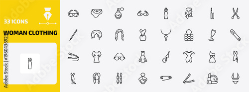 woman clothing outline icon set. 33 linear vector for ui, web and mobile. thin line glasses for eyes, handbag elegant, parfum bottle and more icons.