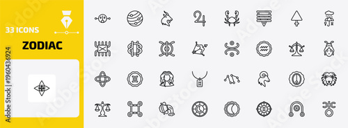 zodiac outline icon set. 33 linear vector for ui, web and mobile. thin line fortitude, mars, capricorn and more icons.