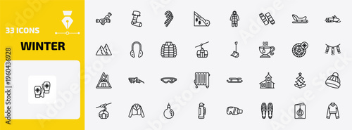 winter outline icon set. 33 linear vector for ui, web and mobile. thin line candy, christmas sock, candy cane and more icons.