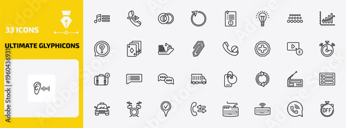 ultimate glyphicons outline icon set. 33 linear vector for ui, web and mobile. thin line music menu, phone with right arrow, two circles and more icons.