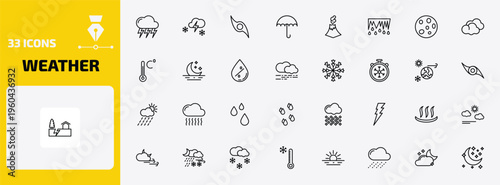 weather outline icon set. 33 linear vector for ui, web and mobile. thin line stormy, thundersnow, tropical cyclone and more icons.