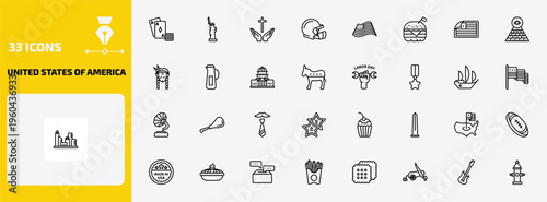 united states of america outline icon set. 33 linear vector for ui, web and mobile. thin line casino, statue of liberty, blessings and more icons.