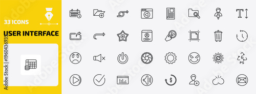user interface outline icon set. 33 linear vector for ui, web and mobile. thin line timetable, add folder button, right loop arrow and more icons.