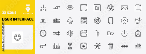user interface outline icon set. 33 linear vector for ui, web and mobile. thin line scatter circle, move content, voice message and more icons.