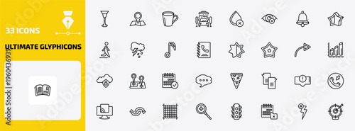 ultimate glyphicons outline icon set. 33 linear vector for ui, web and mobile. thin line cocktail glass, big map placeholder, big cup and more icons.