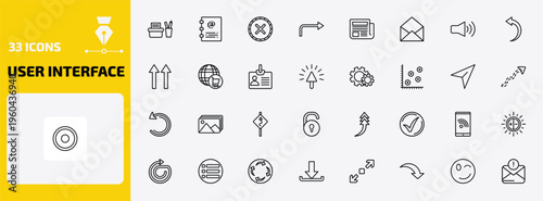user interface outline icon set. 33 linear vector for ui, web and mobile. thin line office material, contact notebook, wrong and more icons.