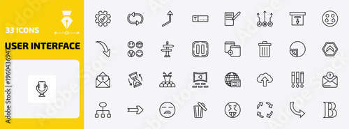 user interface outline icon set. 33 linear vector for ui, web and mobile. thin line right tings, update arrows, right up arrow and more icons.