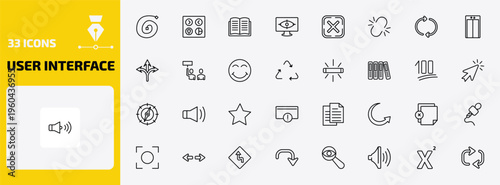 user interface outline icon set. 33 linear vector for ui, web and mobile. thin line spiral tool, user ting interface, open diary and more icons.