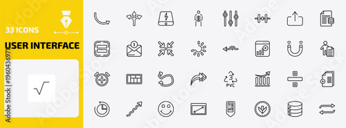 user interface outline icon set. 33 linear vector for ui, web and mobile. thin line round right arrow, crossroad, power bank and more icons.