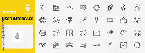 user interface outline icon set. 33 linear vector for ui, web and mobile. thin line paper bird, store, turn left only and more icons.