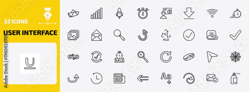 user interface outline icon set. 33 linear vector for ui, web and mobile. thin line paper boat, level, rocket launch and more icons.