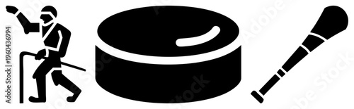 Ice hockey athlete in action pose, black puck with curved seam, hockey stick with blade, vector sports symbols, flat design, arena gear.