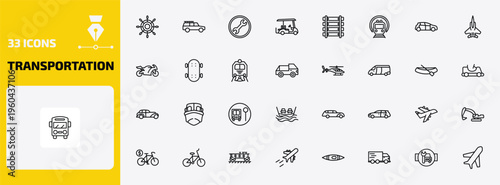 transportation outline icon set. 33 linear vector for ui, web and mobile. thin line ship wheel, off road, repair and more icons.