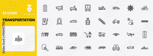 transportation outline icon set. 33 linear vector for ui, web and mobile. thin line semaphore, blimp, scooter and more icons.