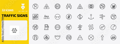 traffic signs outline icon set. 33 linear vector for ui, web and mobile. thin line no parking, intersection, speed limit and more icons.