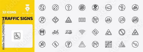 traffic signs outline icon set. 33 linear vector for ui, web and mobile. thin line no skating, no gambling, ahead only and more icons.