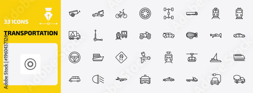 transportation outline icon set. 33 linear vector for ui, web and mobile. thin line oxcart, tow truck, bicycle and more icons.