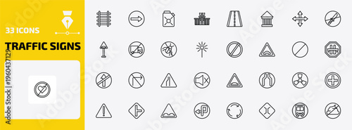 traffic signs outline icon set. 33 linear vector for ui, web and mobile. thin line railway, one way, gasoline and more icons.