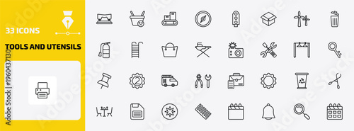 tools and utensils outline icon set. 33 linear vector for ui, web and mobile. thin line hole puncher, empty shopping basket, packing hine and more icons.