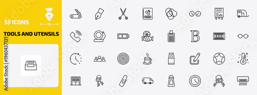 tools and utensils outline icon set. 33 linear vector for ui, web and mobile. thin line penknife, ink pen, open scissors and more icons.