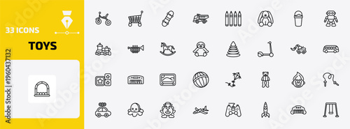 toys outline icon set. 33 linear vector for ui, web and mobile. thin line tricycle toy, cart toy, skate toy and more icons.