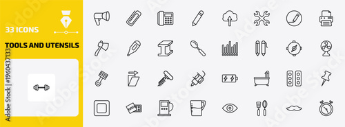 tools and utensils outline icon set. 33 linear vector for ui, web and mobile. thin line megaphone side view, attachments, modern telephone and more icons.