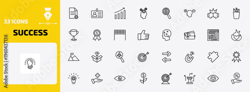 success outline icon set. 33 linear vector for ui, web and mobile. thin line project, identity, increase and more icons.