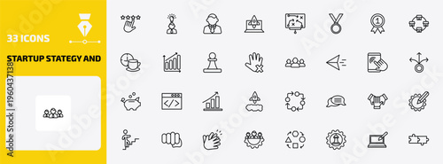 startup stategy and outline icon set. 33 linear vector for ui, web and mobile. thin line rate, entrepreneur, ceo and more icons.