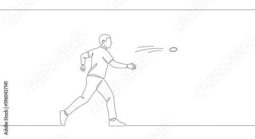 Man throwing a frisbee in a park, dynamic action shot, single line drawing