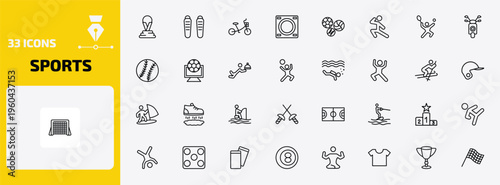 sports outline icon set. 33 linear vector for ui, web and mobile. thin line world cup, shin guards, bicycle for children and more icons.