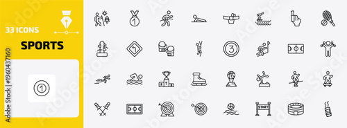 sports outline icon set. 33 linear vector for ui, web and mobile. thin line adventure, medal with number 1, marathon champion and more icons.