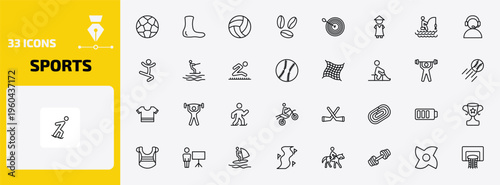 sports outline icon set. 33 linear vector for ui, web and mobile. thin line football, ankle, volleyball and more icons.