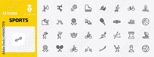 sports outline icon set. 33 linear vector for ui, web and mobile. thin line man punching, two judo fighters, soccer and more icons.