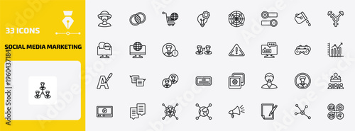social media marketing outline icon set. 33 linear vector for ui, web and mobile. thin line mexican man, overlap, ecommerce and more icons.