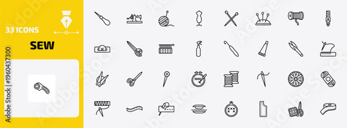 sew outline icon set. 33 linear vector for ui, web and mobile. thin line awl, old sewing hine, wool ball and more icons.