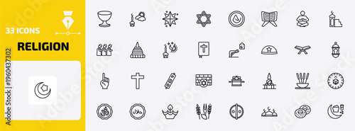 religion outline icon set. 33 linear vector for ui, web and mobile. thin line laver of washing, ramadan sunrise, holy star and more icons.