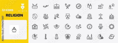 religion outline icon set. 33 linear vector for ui, web and mobile. thin line eyd drum, shofar, commandments and more icons.