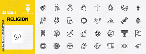 religion outline icon set. 33 linear vector for ui, web and mobile. thin line olive branch, rabbi, hijab veil and more icons.
