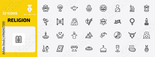 religion outline icon set. 33 linear vector for ui, web and mobile. thin line vigil, tree of life, arabian magic lamp and more icons.