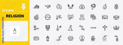 religion outline icon set. 33 linear vector for ui, web and mobile. thin line captives to egypt, genie lamp, conch shell and more icons.