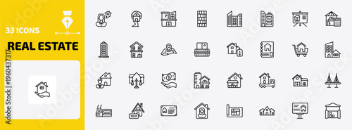 real estate outline icon set. 33 linear vector for ui, web and mobile. thin line or, tree house, modern house and more icons.