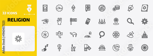 religion outline icon set. 33 linear vector for ui, web and mobile. thin line praying mat, halal, bindi and more icons.