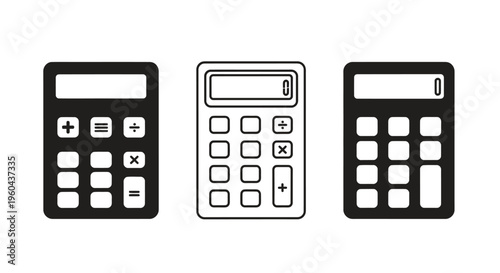 Three Calculators Icon Set: Black, White, and Outlined Designs Showing Modern Calculator Interfaces.