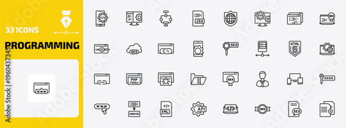 programming outline icon set. 33 linear vector for ui, web and mobile. thin line mobile development, computing, aorithm and more icons.