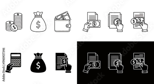 Illustration of various money-related icons including wallets, bags of cash, and coins representing business finance and payments.