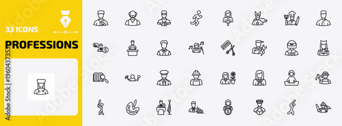 professions outline icon set. 33 linear vector for ui, web and mobile. thin line orthodontist, pensioner, photographer and more icons.