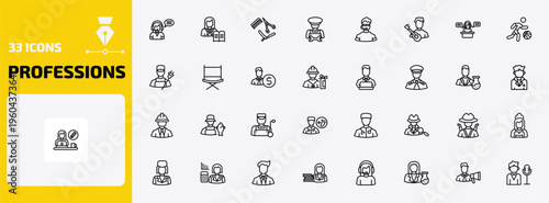 professions outline icon set. 33 linear vector for ui, web and mobile. thin line telemarketer, teacher, barber and more icons.