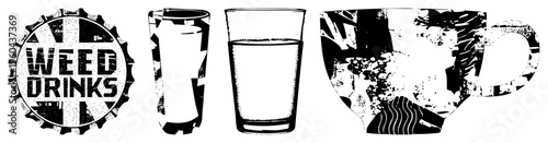 Distressed weed drink logo, textured glassware, vintage mug, UK flag motif, themed beverages, punk aesthetic, vector cutouts.