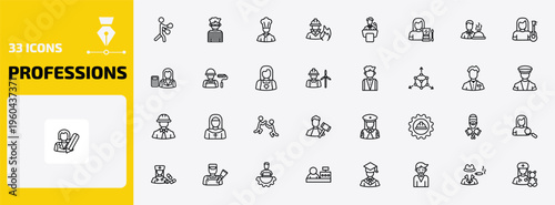 professions outline icon set. 33 linear vector for ui, web and mobile. thin line boxer, thief, chef and more icons.