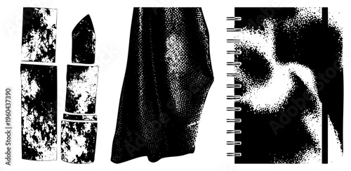 Retro halftone print of lipstick, notebook, and draped fabric, vector, graphic design elements, stylized textures, isolated objects, artistic render.
